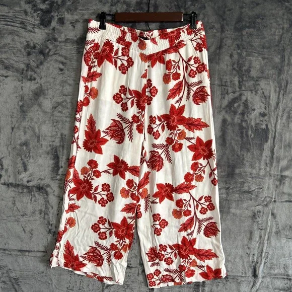 Loft Women's Small Floral Pull On Wide Leg Cropped Pants Pockets Travel Resort - Picture 2 of 16